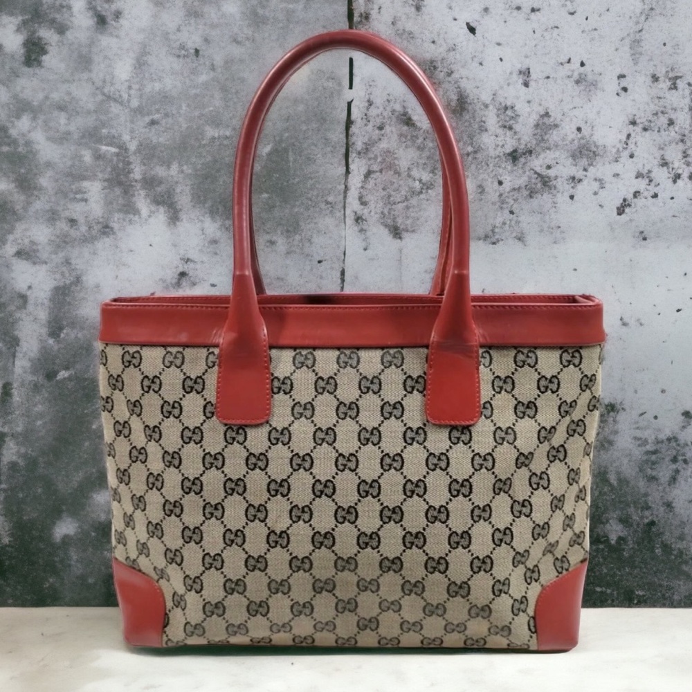 Authentic Gucci Gray- Red Canvas Tote Bag
